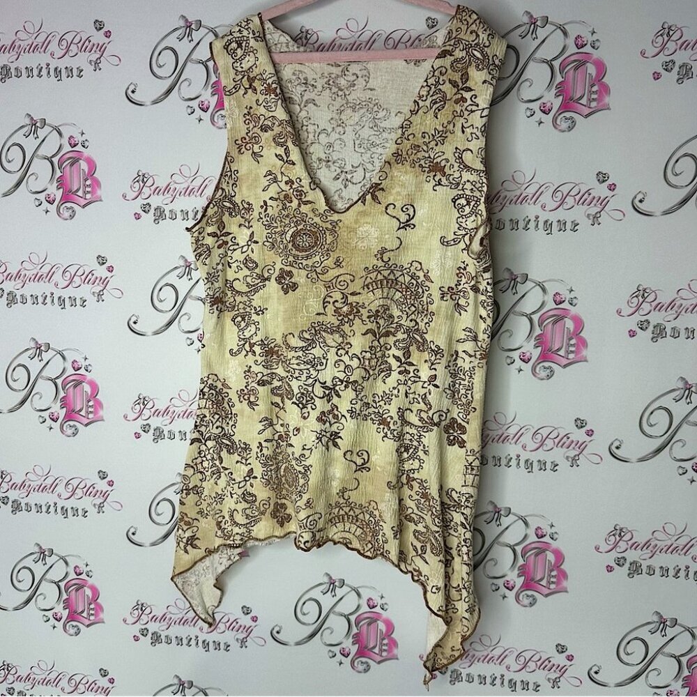 Tank top fairy hem asymmetrical hem floral tie dye cream tan brown flowers